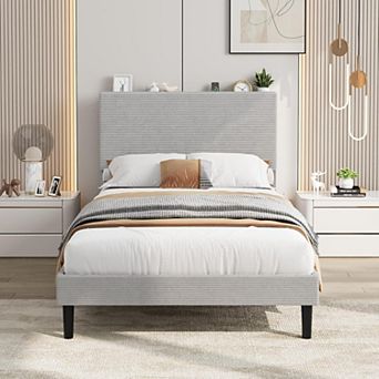 Corduroy Upholstered Platform Bed Frame with Adjustable Storage Headboard, No Box Spring Needed