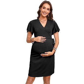 Maternity Nursing Dress V Neck Short Sleeve Breastfeeding Dresses Ribbed Knit Pregnancy Clothes