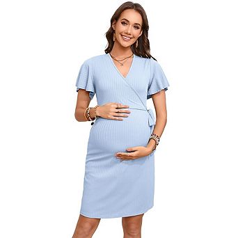 Maternity Nursing Dress V Neck Short Sleeve Breastfeeding Dresses Ribbed Knit Pregnancy Clothes