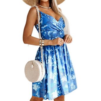 Women's Summer Floral Sleeveless Spaghetti Strap Dress V Neck Fitted Waist Beach Dress