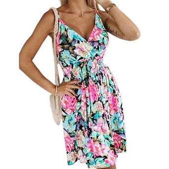 Women's Summer Floral Sleeveless Spaghetti Strap Dress V Neck Fitted Waist Beach Dress