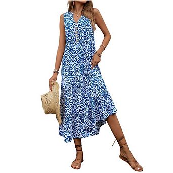 Women Boho Sleeveless Sundress V-Neck Floral Print Button Loose Casual A Line Summer Dress