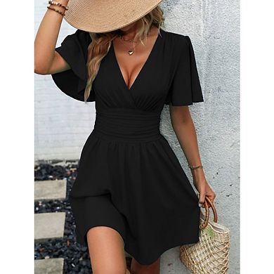 Women's Deep V Neck Dresses Lotus Leaf Sleeve Flowy A-Line Summer Dresses Elegant Casual