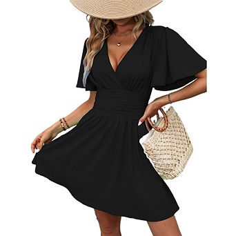 Women's Deep V Neck Dresses Lotus Leaf Sleeve Flowy A-Line Summer Dresses Elegant Casual