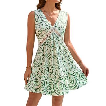 Women's Boho Beach Mini Dress Split V Neck A Line Sleeveless Tropical Leaf Eyelet Summer Sundress