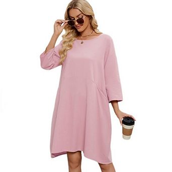 Women's T-Shirt Midi Dress with Crew Neck Long Sleeves and Relaxed Fit