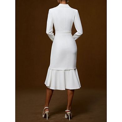 Women V Neck Long Sleeve Bodycon Midi Fishtail Dresses