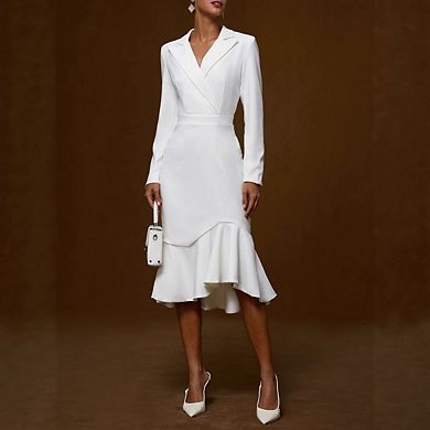 Women V Neck Long Sleeve Bodycon Midi Fishtail Dresses