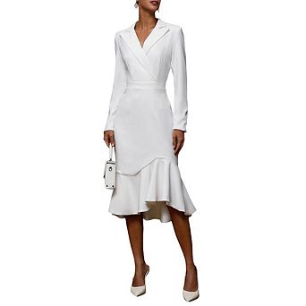 Women V Neck Long Sleeve Bodycon Midi Fishtail Dresses