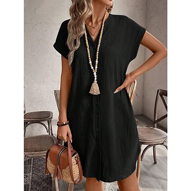 Women's Midi Shirt Dresses Button Down Short Sleeve V Neck Casual Dress