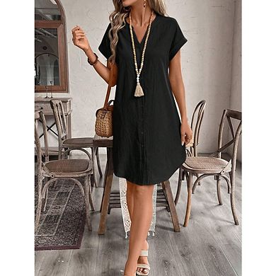 Women's Midi Shirt Dresses Button Down Short Sleeve V Neck Casual Dress