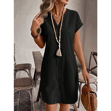 Women's Midi Shirt Dresses Button Down Short Sleeve V Neck Casual Dress