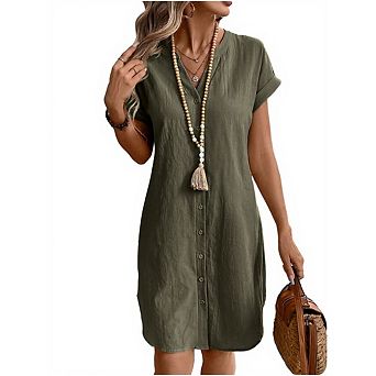 Women's Midi Shirt Dresses Button Down Short Sleeve V Neck Casual Dress