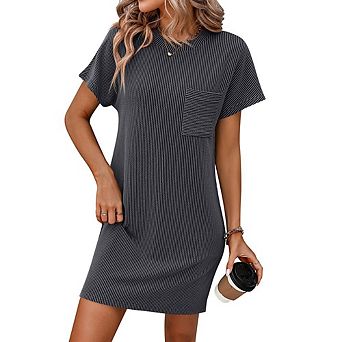 Womens Casual Short Sleeve Dress Lounge Crewneck Stripe Mini Summer Tshirt Dress with Pockets