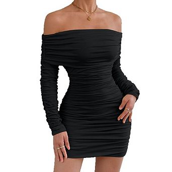 Women's Off Shoulder Bodycon Mini Dress Long Sleeve Ruched & Ribbed Tight Fit Clubwear Cocktail