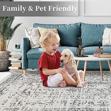 Vintage Machine Washable Rug Low-Pile Non-Slip Floral Retro Oriental Soft Carpet