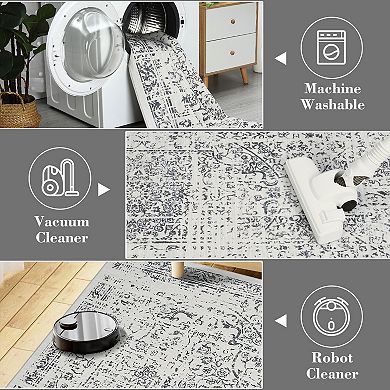 Vintage Machine Washable Rug Low-Pile Non-Slip Floral Retro Oriental Soft Carpet