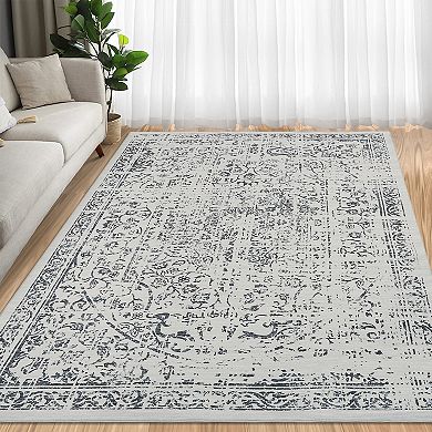 Vintage Machine Washable Rug Low-Pile Non-Slip Floral Retro Oriental Soft Carpet