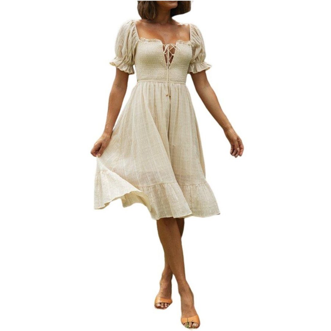 Женские платья Casual Dress Square Neck Lace-Up Front Ruffle Puff Sleeves Beach Dress