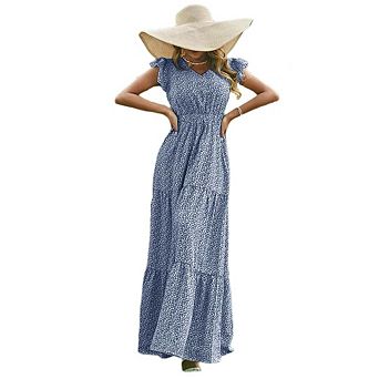 Women Summer Bohemian Floral Casual Wrap V Neck Ruffle Sleeve A-Line Pleated Hem Midi Sun Dress
