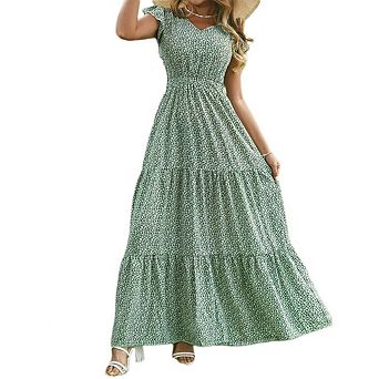 Women Summer Bohemian Floral Casual Wrap V Neck Ruffle Sleeve A-Line Pleated Hem Midi Sun Dress