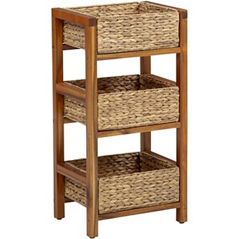 eHemco 3 tier Hardwood Grocery Storage Organizer Rack with 3 Woven Water Hyacinth Basket, Light Oak