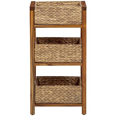 eHemco 3 Tier Hardwood Grocery Storage Organizer Rack with 3 Woven Water Hyacinth Basket, Light Oak