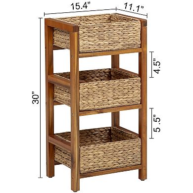 eHemco 3 Tier Hardwood Grocery Storage Organizer Rack with 3 Woven Water Hyacinth Basket, Light Oak