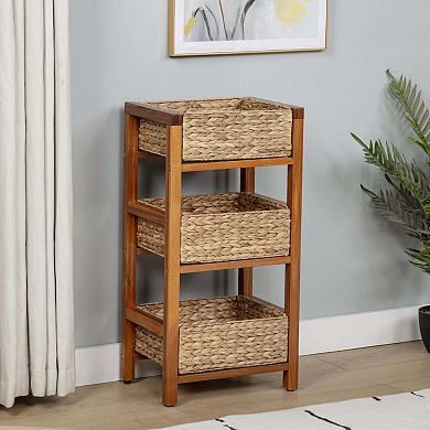 eHemco 3 Tier Hardwood Grocery Storage Organizer Rack with 3 Woven Water Hyacinth Basket, Light Oak