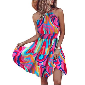 Women Sleeveless Halter Neck Dresses Casual Floral Print Dress Sun Dresses for Party Beach Vacation