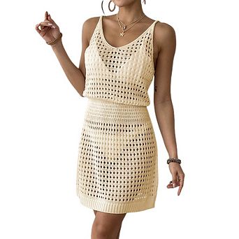 Women Summer Crochet Hollow Out Knit Beach Bathing Suit Swim Cover Ups Outfits Vacation Dresses