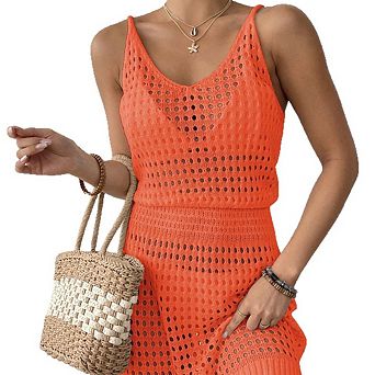 Women Summer Crochet Hollow Out Knit Beach Bathing Suit Swim Cover Ups Outfits Vacation Dresses