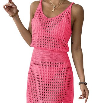 Women Summer Crochet Hollow Out Knit Beach Bathing Suit Swim Cover Ups Outfits Vacation Dresses