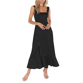 Women's Square Neck Ruffle Split Midi Elegant Formal Wedding Guest Cocktail Dresses