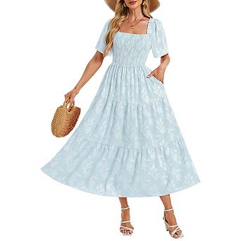 Women's Summer Boho Floral Midi Dress Casual Short Sleeve Square Neck Flowy Beach Vacation