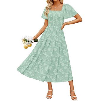 Women's Summer Boho Floral Midi Dress Casual Short Sleeve Square Neck Flowy Beach Vacation