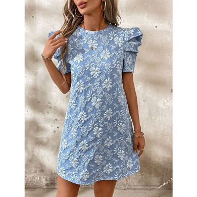 Women's Elegant Floral Jacquard Dress, Puff Sleeve Lightweight Shift Mini Dresses