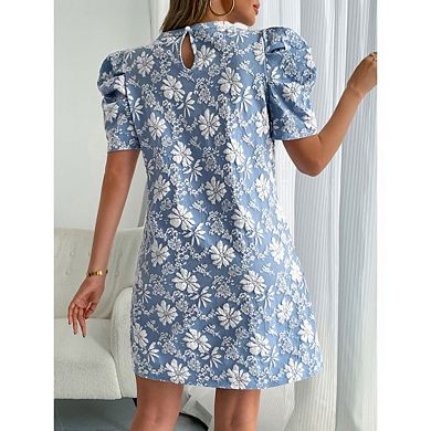 Women's Elegant Floral Jacquard Dress, Puff Sleeve Lightweight Shift Mini Dresses