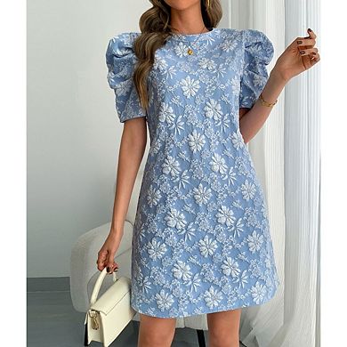 Women's Elegant Floral Jacquard Dress, Puff Sleeve Lightweight Shift Mini Dresses