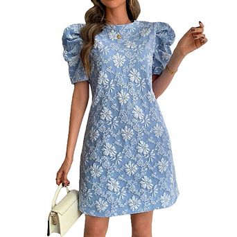 Women's Elegant Floral Jacquard Dress, Puff Sleeve Lightweight Shift Mini Dresses