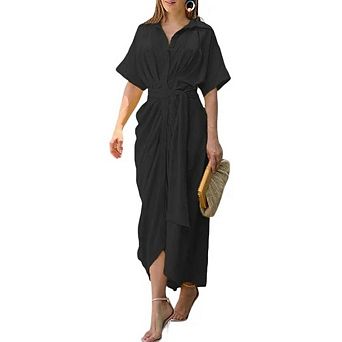 Women's Summer Ruched Button Down Midi Shirt Dresses Flowy Casual Tie Waist Short Sleeve