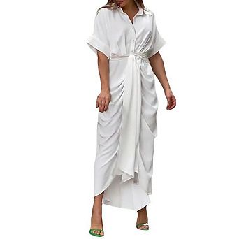 Women's Summer Ruched Button Down Midi Shirt Dresses Flowy Casual Tie Waist Short Sleeve