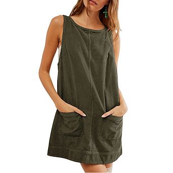 Womens Corduroy Overalls Dress Low Open Back Skirtall Jumper Mini Dress Pinafore with Pockets