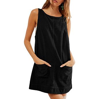 Womens Corduroy Overalls Dress Low Open Back Skirtall Jumper Mini Dress Pinafore with Pockets