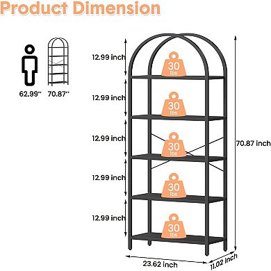 71"Modern Arched Bookshelf 5 Tier Bookcase, Home Office Shelf Storage Organizer for CDs,Books