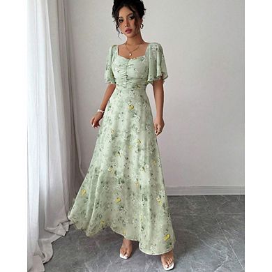 Womens Casual Puff Sleeve Floral Print Ruched Bust A Line Dress Boho Beach Maxi Flowy Dresses