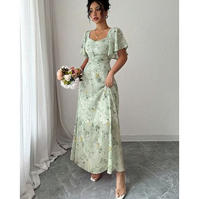 Womens Casual Puff Sleeve Floral Print Ruched Bust A Line Dress Boho Beach Maxi Flowy Dresses