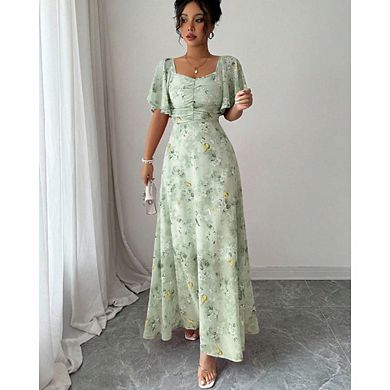 Womens Casual Puff Sleeve Floral Print Ruched Bust A Line Dress Boho Beach Maxi Flowy Dresses