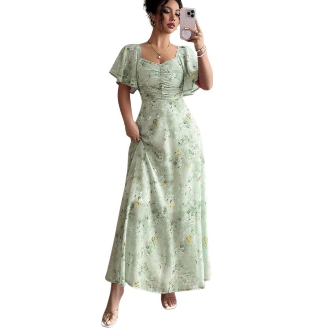 Женские платья Casual Puff Sleeve Floral Print Ruched Bust A Line Dress Boho Beach Maxi Flowy Dresses