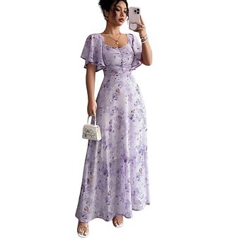 Womens Casual Puff Sleeve Floral Print Ruched Bust A Line Dress Boho Beach Maxi Flowy Dresses